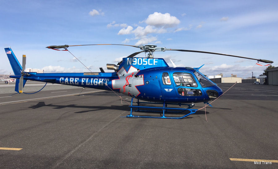 Detailed history and photos of helicopter Eurocopter AS350B3e Ecureuil Serial 7278 Register N905CF N852MB N873AG used by REMSA Care Flight ,Med Trans Corp ,Guardian Flight AMRG ,American Eurocopter (Eurocopter USA) Track service timeline and current status.