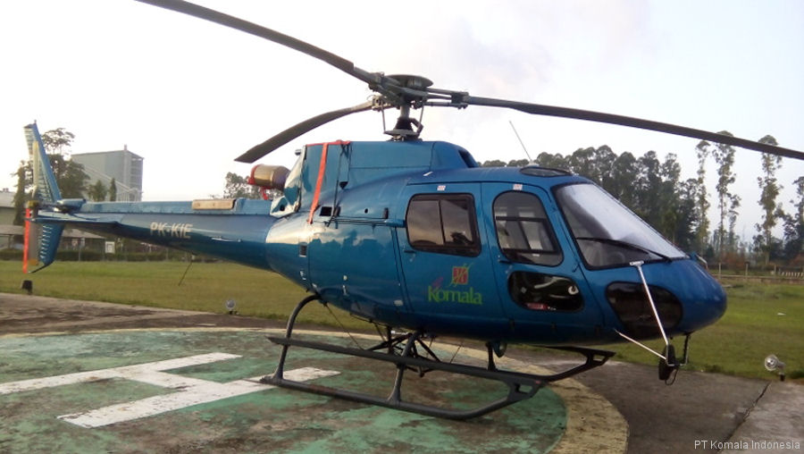 Helicopter Eurocopter AS350B3e Ecureuil Serial 7767 Register PK-KIE YR-RST used by Komala Indonesia. Aircraft history and location