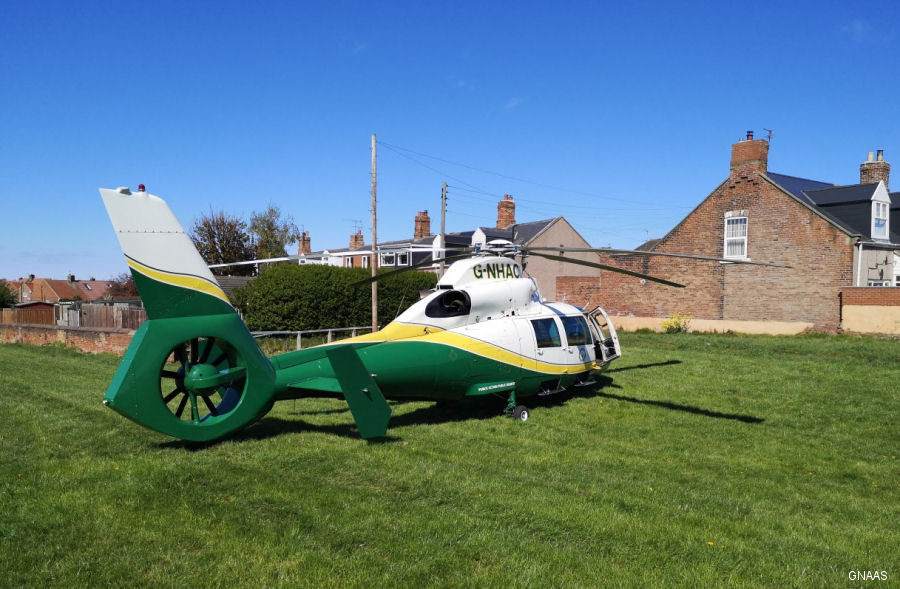 Helicopter Eurocopter AS365N2 Dauphin 2 Serial 6497 Register G-NHAC VP-BEO N28LA TC-HDO used by UK Air Ambulances GNAAS (Great North Air Ambulance Service) ,Multiflight Ltd. Built 1995. Aircraft history and location