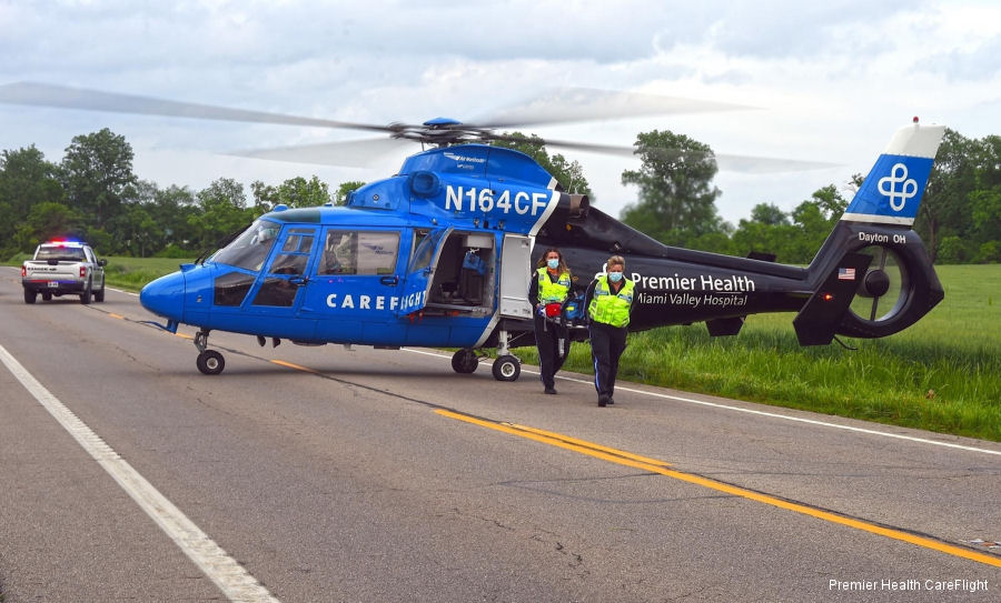 Helicopter Eurocopter AS365N2 Dauphin 2 Serial 6442 Register N164CF XA-ROF XB-GNE used by MVH (Miami Valley Hospital). Built 1991. Aircraft history and location