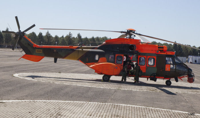 Helicopter Eurocopter AS532AL Cougar Serial 2733 Register HU.27-01 used by Unidad Militar de Emergencias UME (Military Emergencies Unit) ,Fuerzas Aeromóviles del Ejército de Tierra FAMET (Spanish Army Aviation). Aircraft history and location