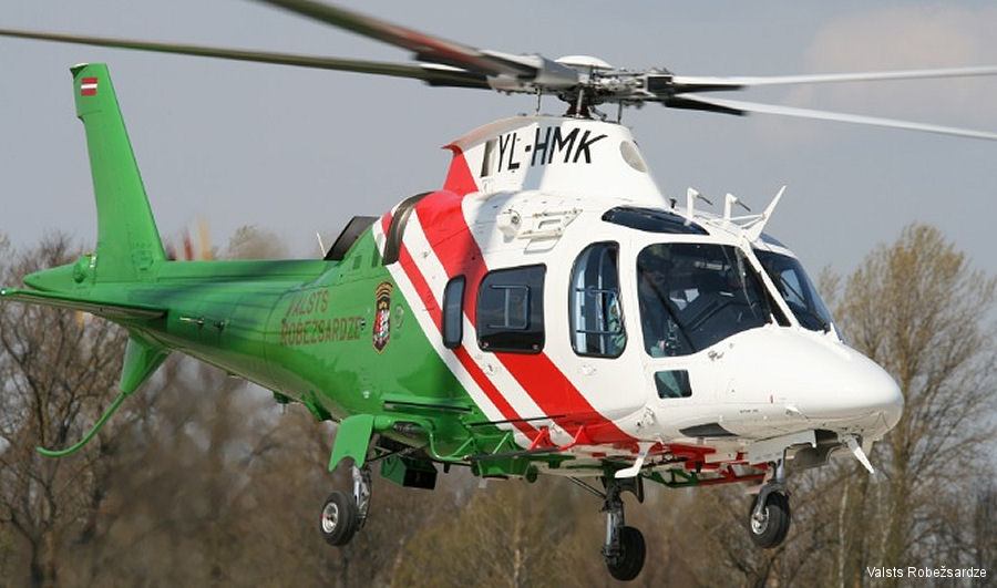 Helicopter AgustaWestland AW109E Power Serial 11700 Register I-EASQ YL-HMK used by AgustaWestland Italy ,Valsts Robežsardze (Latvian Border Guard). Built 2007. Aircraft history and location