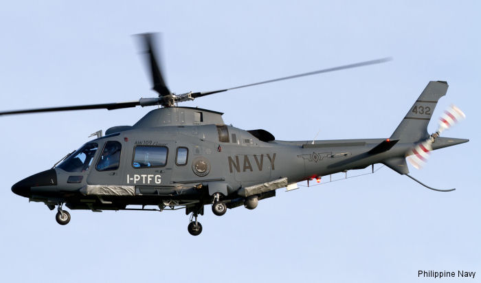 Helicopter AgustaWestland AW109E Power Serial 11810 Register 432 used by Philippine Navy. Aircraft history and location