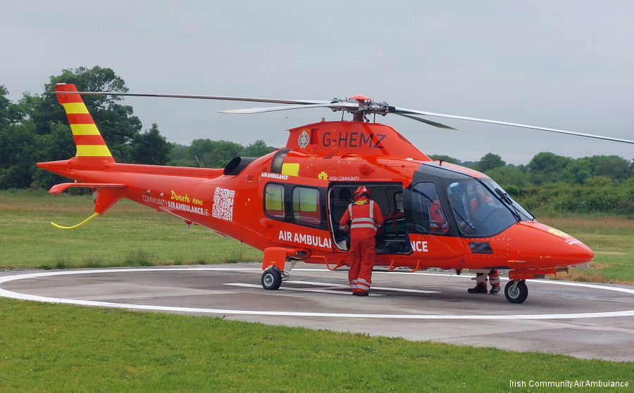 Detailed history and photos of helicopter AgustaWestland AW109S Grand Serial 22156 Register G-HEMZ used by UK Air Ambulances AANI (Air Ambulance Northern Ireland) ,Irish Community Rapid Response ICRR ,DLRAA (Derbyshire Leicestershire and Rutland Air Ambulance) ,TCAA (The Children’s Air Ambulance) ,Sloane Helicopters Track service timeline and current status.