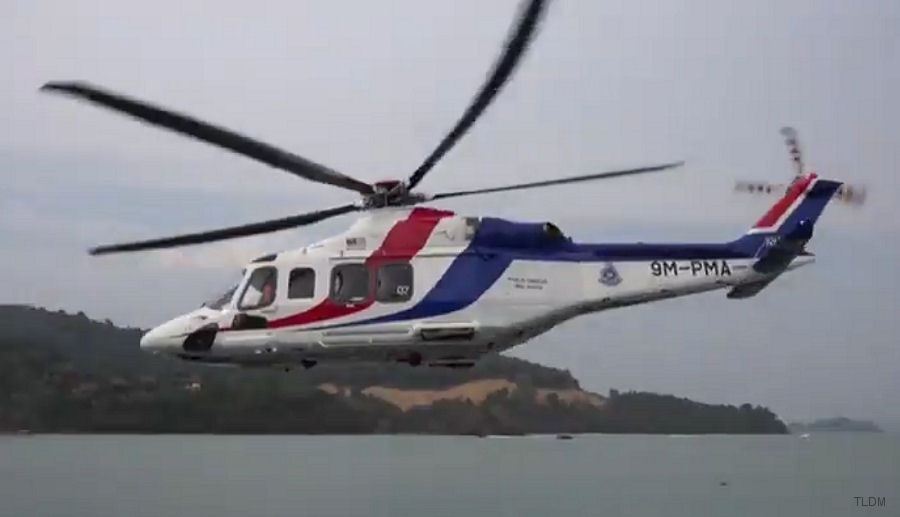 Helicopter AgustaWestland AW139 Serial 31807 Register 9M-PMA used by Polis Diraja Malaysia Polis (Royal Malaysian Police). Built 2018. Aircraft history and location