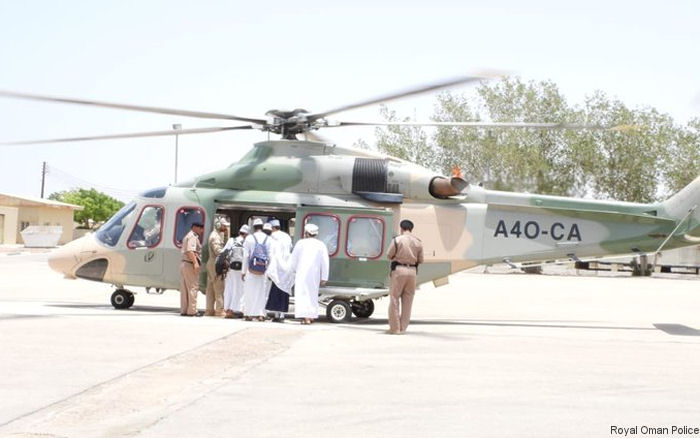 Helicopter AgustaWestland AW139 Serial 31091 Register A4O-CA used by Royal Oman Police. Aircraft history and location