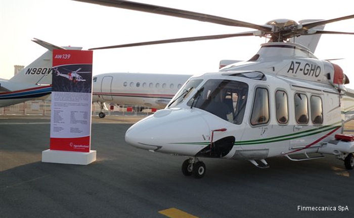 Helicopter AgustaWestland AW139 Serial 31523 Register A7-GHO used by Gulf Helicopters. Aircraft history and location