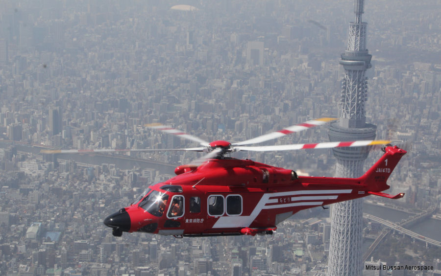 Helicopter AgustaWestland AW139 Serial 41518 Register JA14TD N588SH used by Fire and Disaster Management Agency FDMA Tokyo Fire Department ,Mitsui Bussan Aerospace MBA ,AgustaWestland Philadelphia (AgustaWestland USA). Built 2016. Aircraft history and location