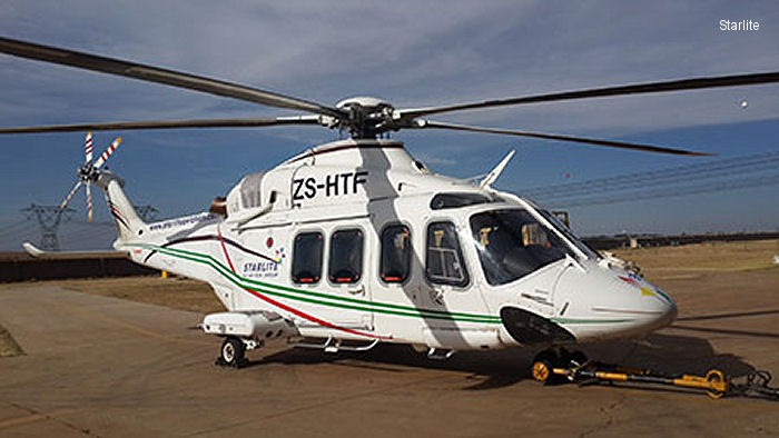 Detailed history and photos of helicopter AgustaWestland AW139 Serial 41018 Register ZS-HTF A7-GHI N342SH N326SH used by Starlite Helicopters ,Gulf Helicopters ,Abu Dhabi Aviation ADA ,AgustaWestland Philadelphia (Leonardo USA) Track service timeline and current status.