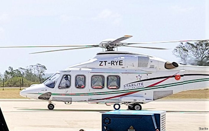 Detailed history and photos of helicopter AgustaWestland AW139 Serial 41225 Register ZT-RYE A7-GHH N413SM used by Starlite Helicopters ,Gulf Helicopters ,AgustaWestland Philadelphia (Leonardo USA) Track service timeline and current status.
