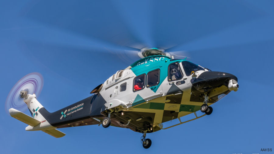 Helicopter AgustaWestland AW169 Serial 69061 Register G-KSSC I-EASJ used by UK Air Ambulances KSSAAT (Kent, Surrey and Sussex Air Ambulance Trust) ,Specialist Aviation Services SAS ,AgustaWestland Italy. Built 2017. Aircraft history and location