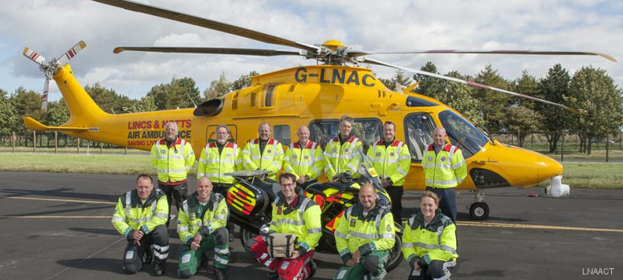 Helicopter AgustaWestland AW169 Serial 69023 Register G-LNAC used by UK Air Ambulances KSSAAT (Kent, Surrey and Sussex Air Ambulance Trust) ,DSAA (Dorset and Somerset Air Ambulance) ,LNAACT (Lincolnshire and Nottinghamshire Air Ambulance) ,Specialist Aviation Services SAS. Built 2016. Aircraft history and location