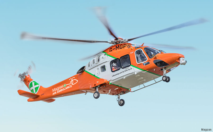 Helicopter AgustaWestland AW169 Serial 69077 Register G-MGPS I-RAIT used by UK Air Ambulances MAGPAS (Magpas Air Ambulance) ,Specialist Aviation Services SAS ,Leonardo Italy. Built 2018. Aircraft history and location