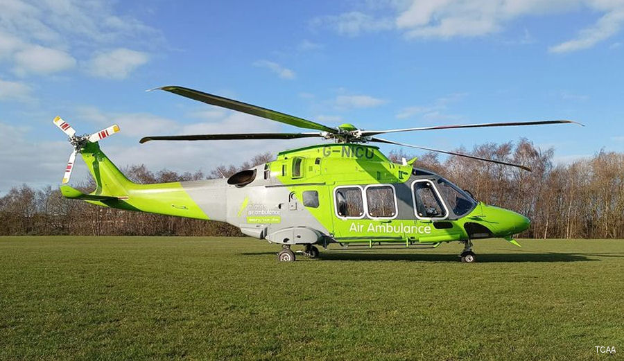Helicopter AgustaWestland AW169 Serial 69147 Register G-NICU used by UK Air Ambulances TCAA (The Children’s Air Ambulance) ,Sloane Helicopters. Built 2022. Aircraft history and location