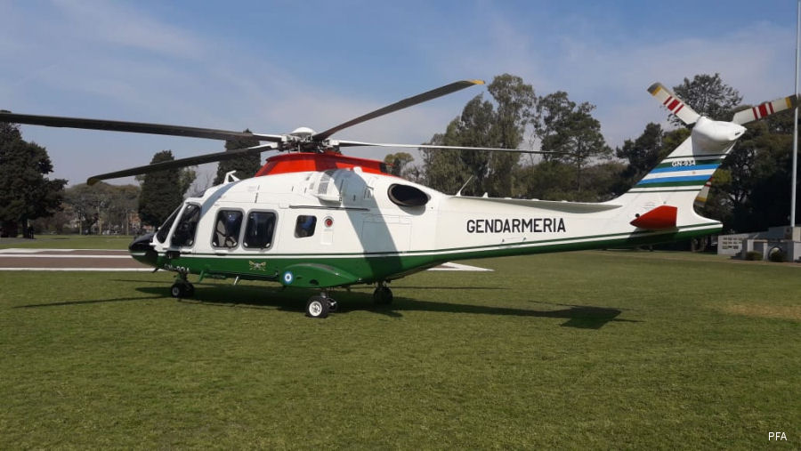 Helicopter AgustaWestland AW169 Serial 69056 Register GN-934 used by Gendarmeria Nacional Argentina GNA (Argentine Gendarmerie). Built 2017. Aircraft history and location
