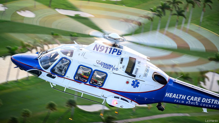 Detailed history and photos of helicopter AgustaWestland AW169 Serial 69132 Register N911PB N110EH used by HCDPBC (Health Care District of Palm Beach County) ,AgustaWestland Philadelphia (Leonardo USA) Track service timeline and current status.
