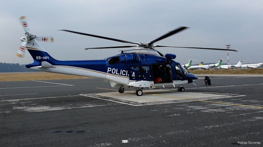 Helicopter AgustaWestland AW169 Serial 69102 Register S5-HPI I-EASL used by Policija (Slovenian Police) ,Leonardo Italy. Built 2019. Aircraft history and location
