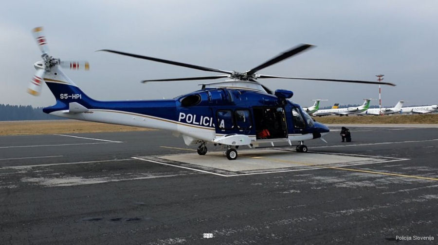 Detailed history and photos of helicopter AgustaWestland AW169 Serial 69102 Register S5-HPI I-EASL used by Policija (Slovenian Police) ,Leonardo Italy Track service timeline and current status.