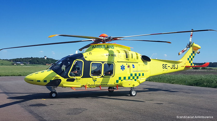 Helicopter AgustaWestland AW169 Serial 69069 Register SE-JSJ I-EASL used by Scandinavian AirAmbulance SAA (Babcock / Avincis Sweden) ,Leonardo Italy. Built 2018. Aircraft history and location