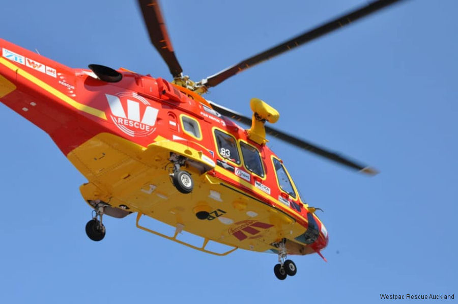 Helicopter AgustaWestland AW169 Serial 69083 Register ZK-IZB used by New Zealand Rescue Helicopters ARHT (Auckland Rescue Helicopters Trust). Built 2018. Aircraft history and location