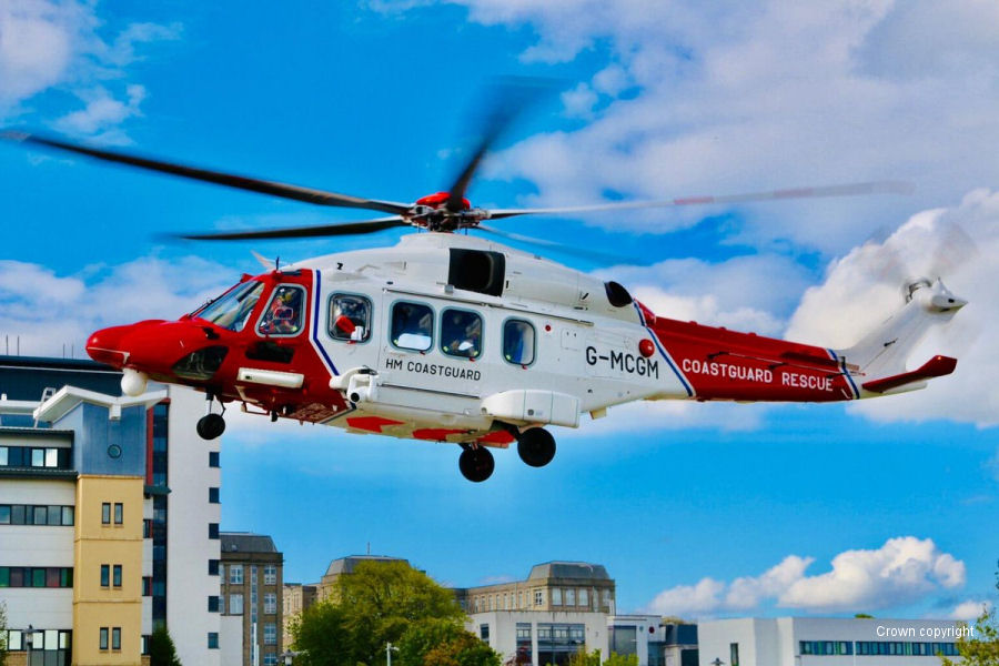 Helicopter AgustaWestland AW189 Serial 89001 Register G-MCGM used by HM Coastguard (Her Majesty’s Coastguard) ,Bristow ,AgustaWestland UK. Built 2014. Aircraft history and location