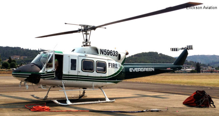 Detailed history and photos of helicopter Bell 212 Serial 30676 Register N212DF C-FRYH N59633 used by NDF (Nevada Division of Forestry) ,Yellowhead Helicopters YHL ,Eagle Copters ,Erickson ,Evergreen Helicopters Converted to 212 Eagle Single Track service timeline and current status.