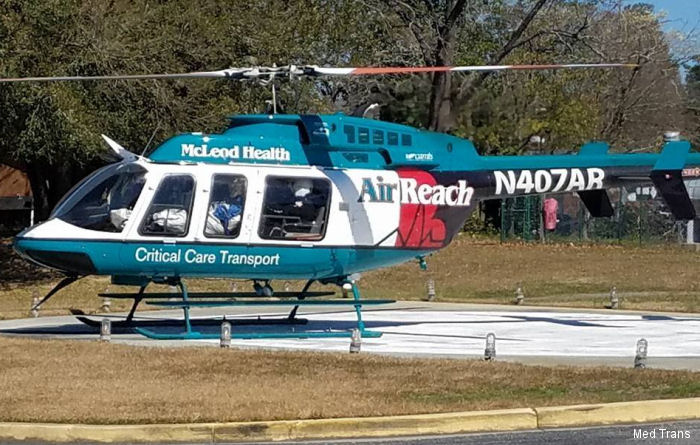 Detailed history and photos of helicopter Bell 407 Serial 54092 Register N407AR N462SB C-GOLQ used by McLeod Health ,Med Trans Corp ,Bell Helicopter ,Bell Helicopter Canada Track service timeline and current status.