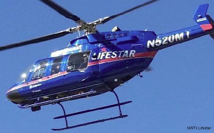 Helicopter Bell 407 Serial 53805 Register N520MT C-FRGX used by NWTX Lifestar ,Med Trans Corp ,Bell Helicopter ,Bell Helicopter Canada. Built 2007. Aircraft history and location
