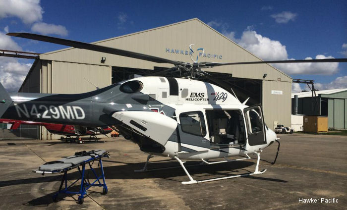 Detailed history and photos of helicopter Bell 429 Serial 57128 Register N429CF N429MD C-GUOF used by CareFlite ,Hawker Pacific ,EHS Rescue Fiji ,Bell Helicopter ,Bell Helicopter Canada Track service timeline and current status.