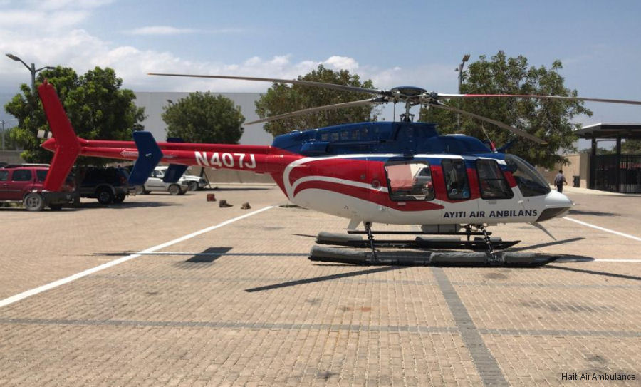 Helicopter Bell 407 Serial 53486 Register N407J N407JG N407HL used by Ayiti Air Anbilans (Haiti Air Ambulance) ,Edwards & Associates, Inc. Built 2001. Aircraft history and location