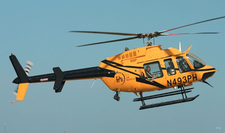 Helicopter Bell 407 Serial 53393 Register N493PH used by PHI Air Medical. Built 1999. Aircraft history and location