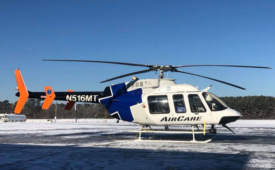 Detailed history and photos of helicopter Bell 407 Serial 53762 Register N516MT used by SC Air Care ,Med Trans Corp Track service timeline and current status.