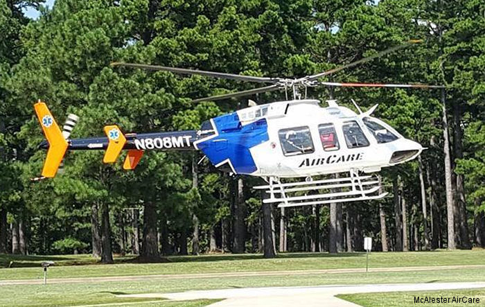 Helicopter Bell 407GX Serial 54559 Register N808MT used by McAlester AirCare ,Med Trans Corp ,GC Air Llc ,Bell Helicopter. Built 2014. Aircraft history and location