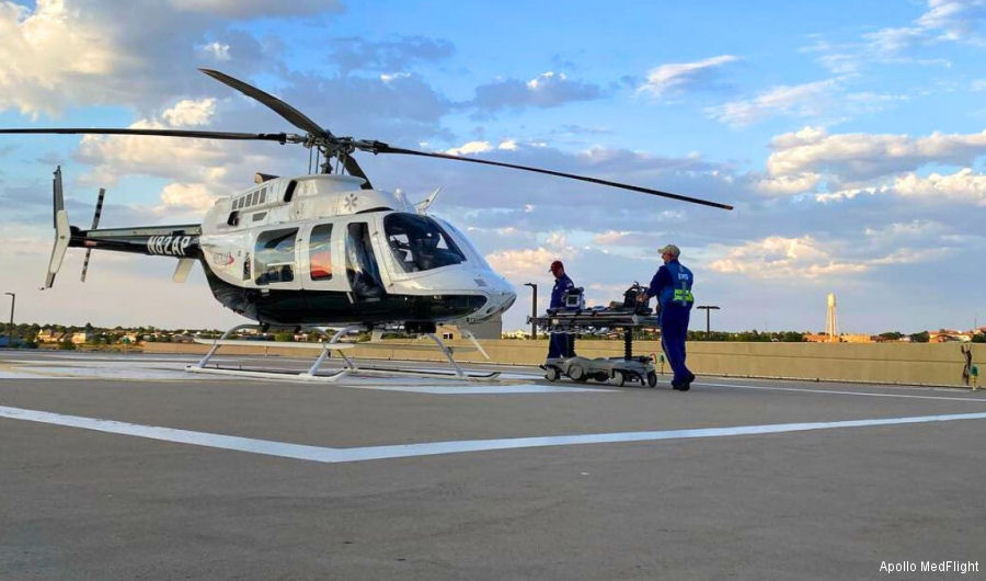 Detailed history and photos of helicopter Bell 407 Serial 53759 Register N82AP N34HF N707JV used by Apollo MedFlight ,HALO-Flight Inc Track service timeline and current status.