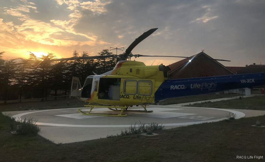 Detailed history and photos of helicopter Bell 412EP Serial 36398 Register VH-XCK VT-AZO C-FHWU used by Australia Air Ambulances LifeFlight (RACQ Life Flight Queensland) ,Global Vectra Helicorp GVHL ,Bell Helicopter Canada Track service timeline and current status.