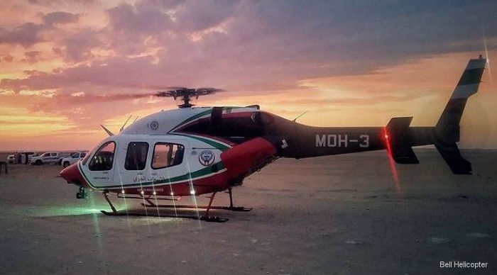 Helicopter Bell 429 Serial 57230 Register MOH-3 N521EW C-FEYZ used by Kuwait Ministry of Health ,Bell Helicopter ,Bell Helicopter Canada. Built 2014. Aircraft history and location