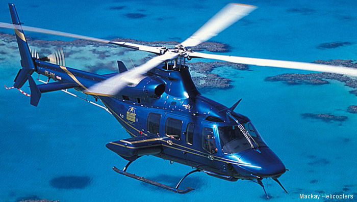 Helicopter Bell 430 Serial 49027 Register N7215J PK-URY VH-HIA used by Bell Helicopter Mackay Helicopters. Built 1997. Aircraft history