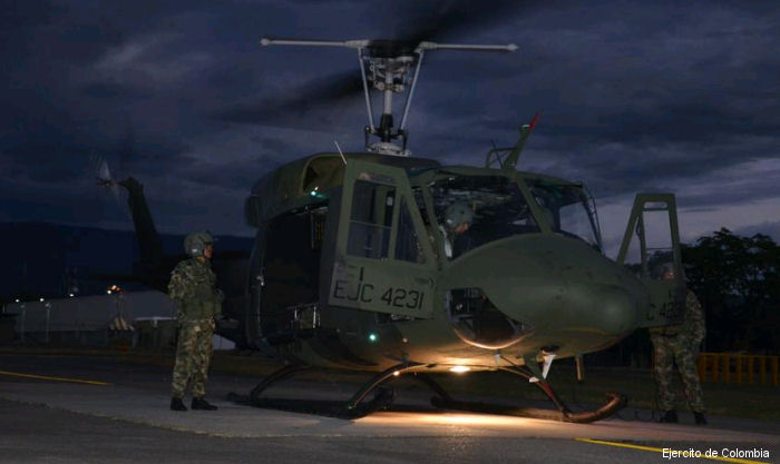 Detailed history and photos of helicopter Bell CH-135 Twin Huey Serial 32043 Register EJC-4231 EJC-231 135143 used by Aviacion del Ejercito de Colombia (Colombian Army Aviation) ,Canadian Armed Forces Track service timeline and current status.