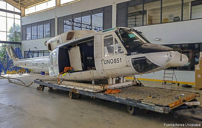 Detailed history and photos of helicopter Bell 212 Serial 30899 Register UNO-851 032 N102PH C-FSKS HK-3159X N3151T SU-ECN used by United Nations UNHAS ,Fuerza Aerea Uruguaya FAU (Uruguayan Air Force) ,Canadian Helicopters Ltd Track service timeline and current status.