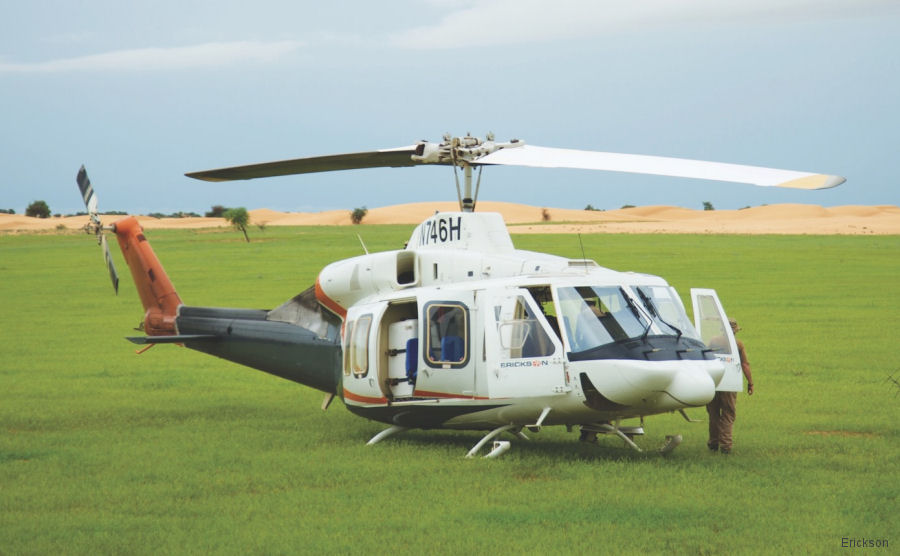 Detailed history and photos of helicopter Bell 214ST Serial 28200 Register N746H OB-2082-P used by Erickson ,Ecocopter Peru ,Bank Of Utah ,Saudi Aramco Track service timeline and current status.