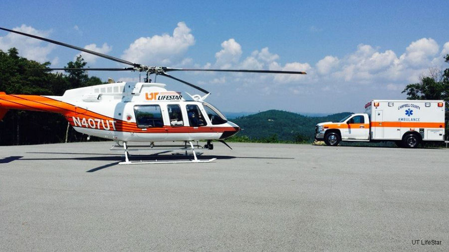 Detailed history and photos of helicopter Bell 407 Serial 53036 Register N407UT used by UT LifeStar ,Med Trans Corp Track service timeline and current status.