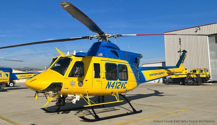 Helicopter Bell 412EPX Serial 39108 Register N412VC C-GRSV used by VCSD (Ventura County Aviation Unit) ,Bell Helicopter ,Bell Helicopter Canada. Built 2022. Aircraft history and location