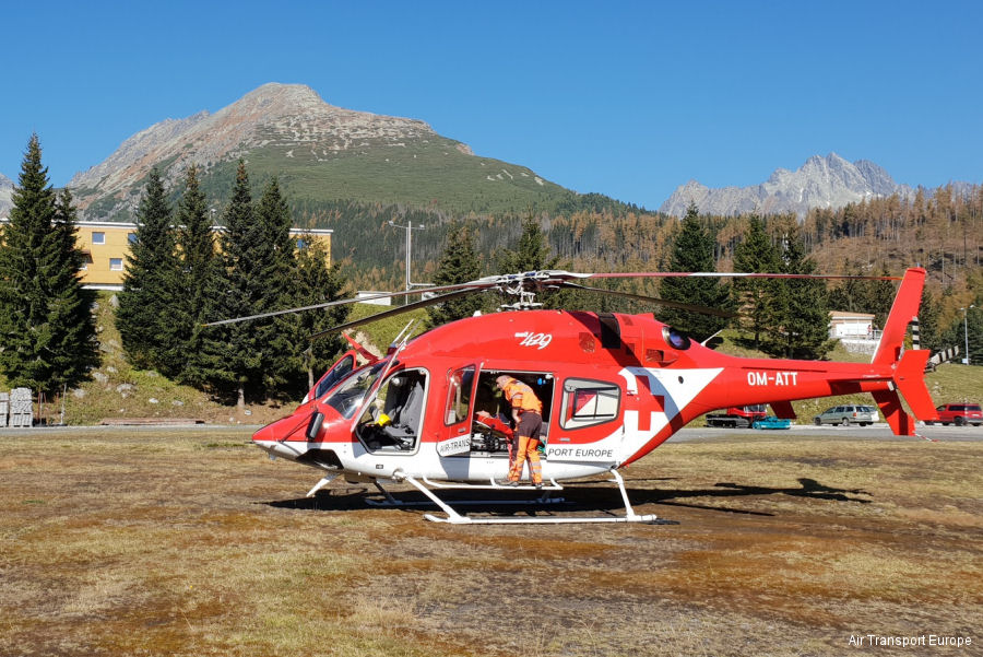 Detailed history and photos of helicopter Bell 429 Serial 57280 Register OM-ATT C-FJUE used by Air Transport Europe Ltd ATE ,Bell Helicopter Europe ,Bell Helicopter Canada Track service timeline and current status.