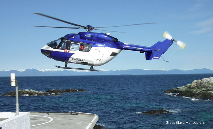 Helicopter MBB Bk117A-3 Serial 7105 Register C-GGSA D-HMUF used by Great Slave Helicopters Airwork NZ DRF Luftrettung (German air rescue) Eurocopter Deutschland GmbH (Eurocopter Germany) Landespolizei (German Local Police). Built 1986. Aircraft history and location
