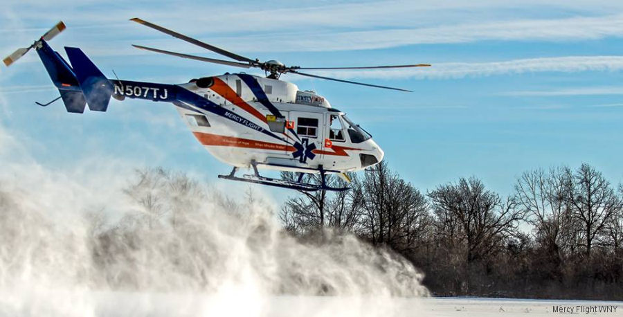 Helicopter MBB Bk117A-1 Serial 7047 Register N587TJ N507TJ N547SW I-MABR used by Mercy Flight WNY (Mercy Flight Western New York) ,Elilombarda. Aircraft history and location