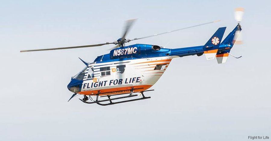 Detailed history and photos of helicopter MBB Bk117A-3 Serial 7086 Register N587MC XA-ZZG N9745N used by MRMC (Milwaukee Regional Medical Center) ,Transportes Aereos Pegaso ,MBB Helicopter Corp Track service timeline and current status.