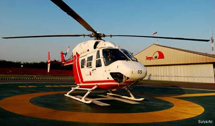 Helicopter Kawasaki BK117B-1 Serial 1026 Register P4-KFI PK-FGS JA9924 used by Surya Air. Aircraft history and location