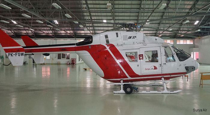 Helicopter MBB Bk117A-1 Serial 7004 Register PK-FGW PK-XKA N39183 used by Surya Air. Aircraft history and location