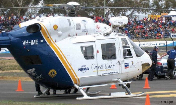 Helicopter Kawasaki BK117B-1 Serial 1097 Register VH-IME JA6684 used by Australia Air Ambulances CareFlight New South Wales ,NSW Ambulance. Built 1991. Aircraft history and location