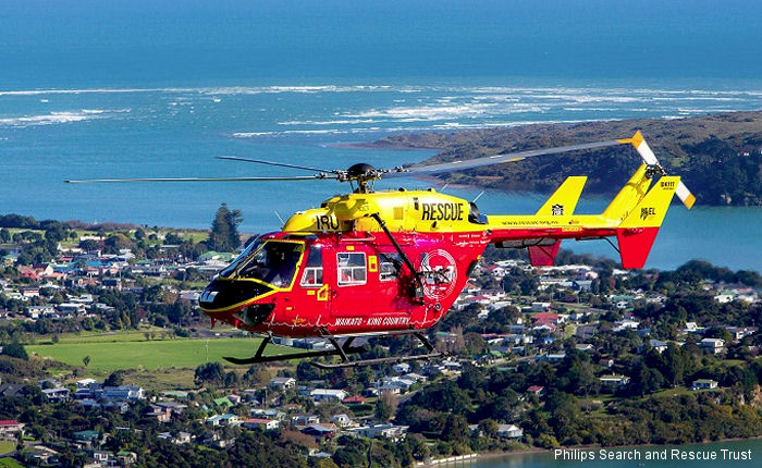 Helicopter Kawasaki Heavy Industries BK117B-2 Serial 1101 Register ZK-IRU VH-BKS JA6743 used by New Zealand Rescue Helicopters Fire and Disaster Management Agency. Built 1995. Aircraft history and location